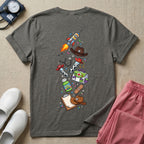 A two-sided t-shirt graphic featuring a front design with the words NURSE STORY in a classic 90s animated toy movie logo style above the phrase TO INFINITY AND BEYOND FOR OUR PATIENTS surrounded by playful, toy-themed medical supplies, and a matching rear design featuring a vertical cascade of similar toy-inspired medical items including a spaceship syringe, cowboy hats, a green alien pill bottle, and cow print test tubes, designed for pediatric and NICU nurses.