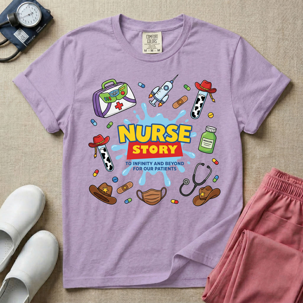 A two-sided t-shirt graphic featuring a front design with the words NURSE STORY in a classic 90s animated toy movie logo style above the phrase TO INFINITY AND BEYOND FOR OUR PATIENTS surrounded by playful, toy-themed medical supplies, and a matching rear design featuring a vertical cascade of similar toy-inspired medical items including a spaceship syringe, cowboy hats, a green alien pill bottle, and cow print test tubes, designed for pediatric and NICU nurses.