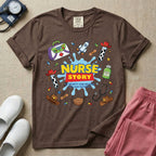 A two-sided t-shirt graphic featuring a front design with the words NURSE STORY in a classic 90s animated toy movie logo style above the phrase TO INFINITY AND BEYOND FOR OUR PATIENTS surrounded by playful, toy-themed medical supplies, and a matching rear design featuring a vertical cascade of similar toy-inspired medical items including a spaceship syringe, cowboy hats, a green alien pill bottle, and cow print test tubes, designed for pediatric and NICU nurses.