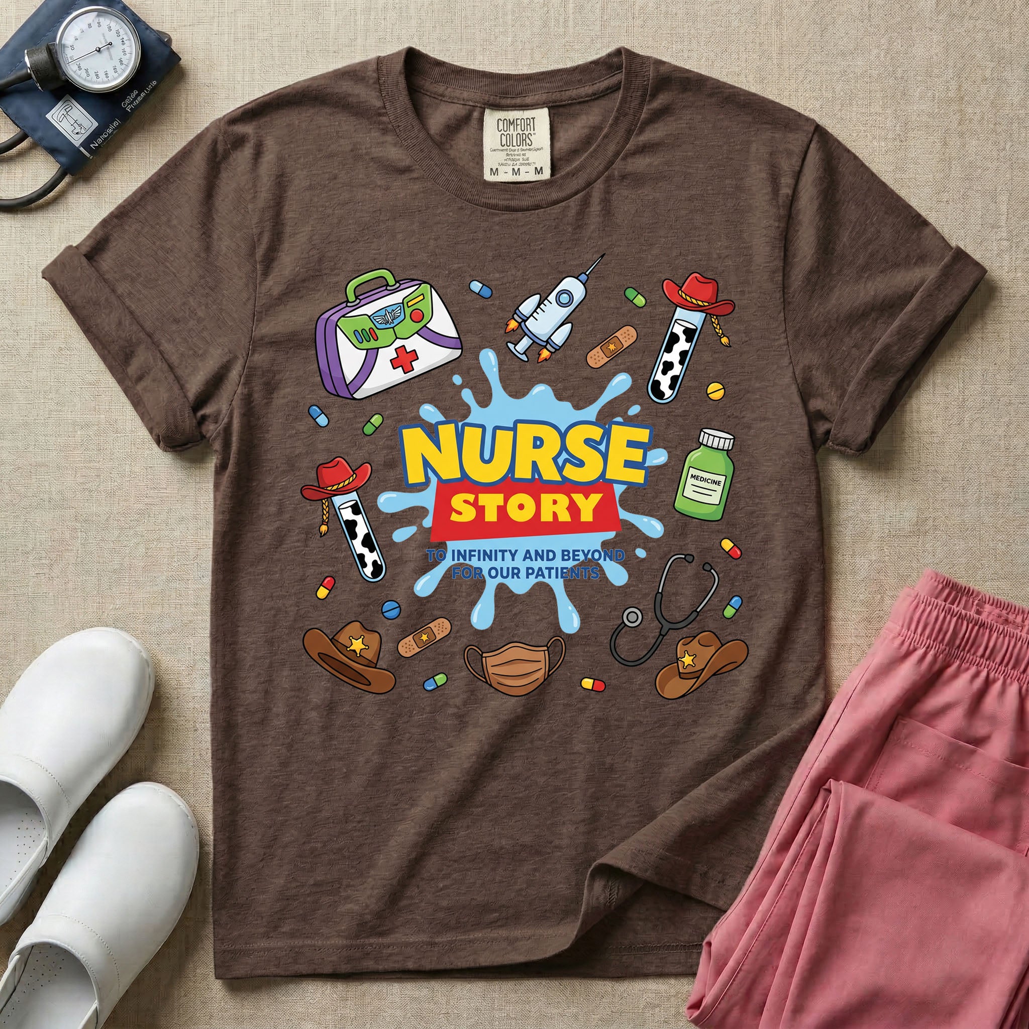 A two-sided t-shirt graphic featuring a front design with the words NURSE STORY in a classic 90s animated toy movie logo style above the phrase TO INFINITY AND BEYOND FOR OUR PATIENTS surrounded by playful, toy-themed medical supplies, and a matching rear design featuring a vertical cascade of similar toy-inspired medical items including a spaceship syringe, cowboy hats, a green alien pill bottle, and cow print test tubes, designed for pediatric and NICU nurses.