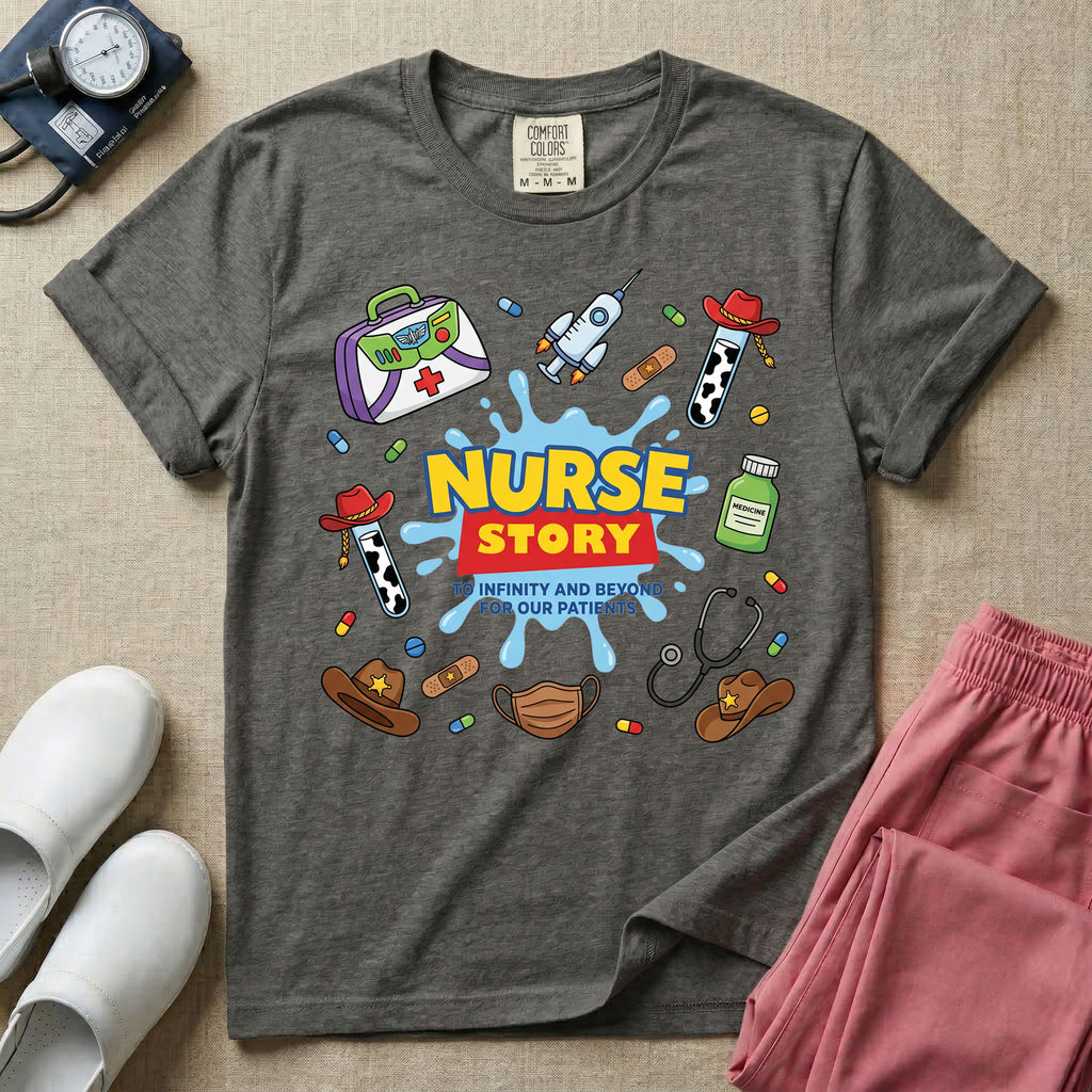 A two-sided t-shirt graphic featuring a front design with the words NURSE STORY in a classic 90s animated toy movie logo style above the phrase TO INFINITY AND BEYOND FOR OUR PATIENTS surrounded by playful, toy-themed medical supplies, and a matching rear design featuring a vertical cascade of similar toy-inspired medical items including a spaceship syringe, cowboy hats, a green alien pill bottle, and cow print test tubes, designed for pediatric and NICU nurses.