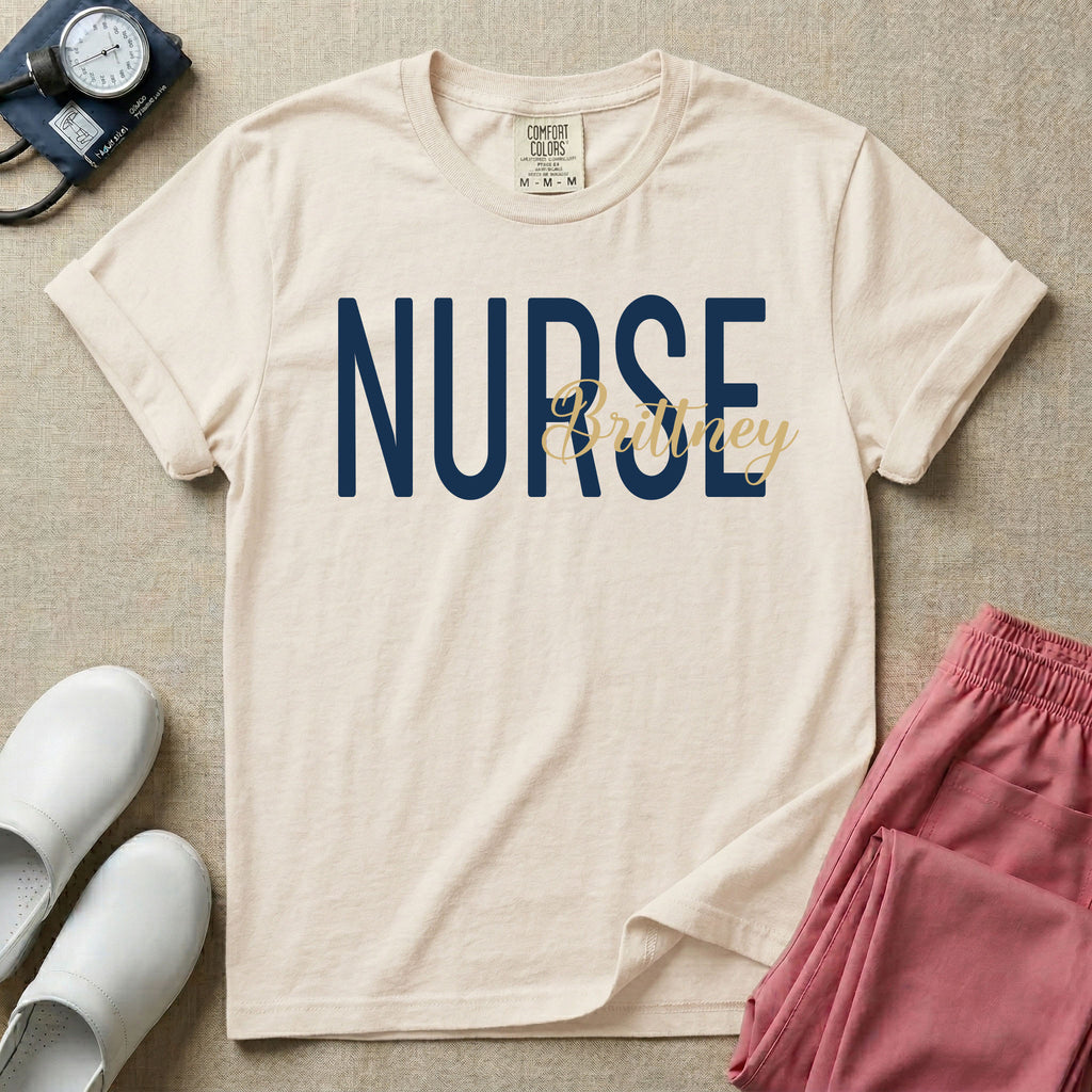 A minimalist graphic featuring the word NURSE in a large, bold font with the custom name Brittney overlapping it in an elegant cursive script, designed for general nursing.