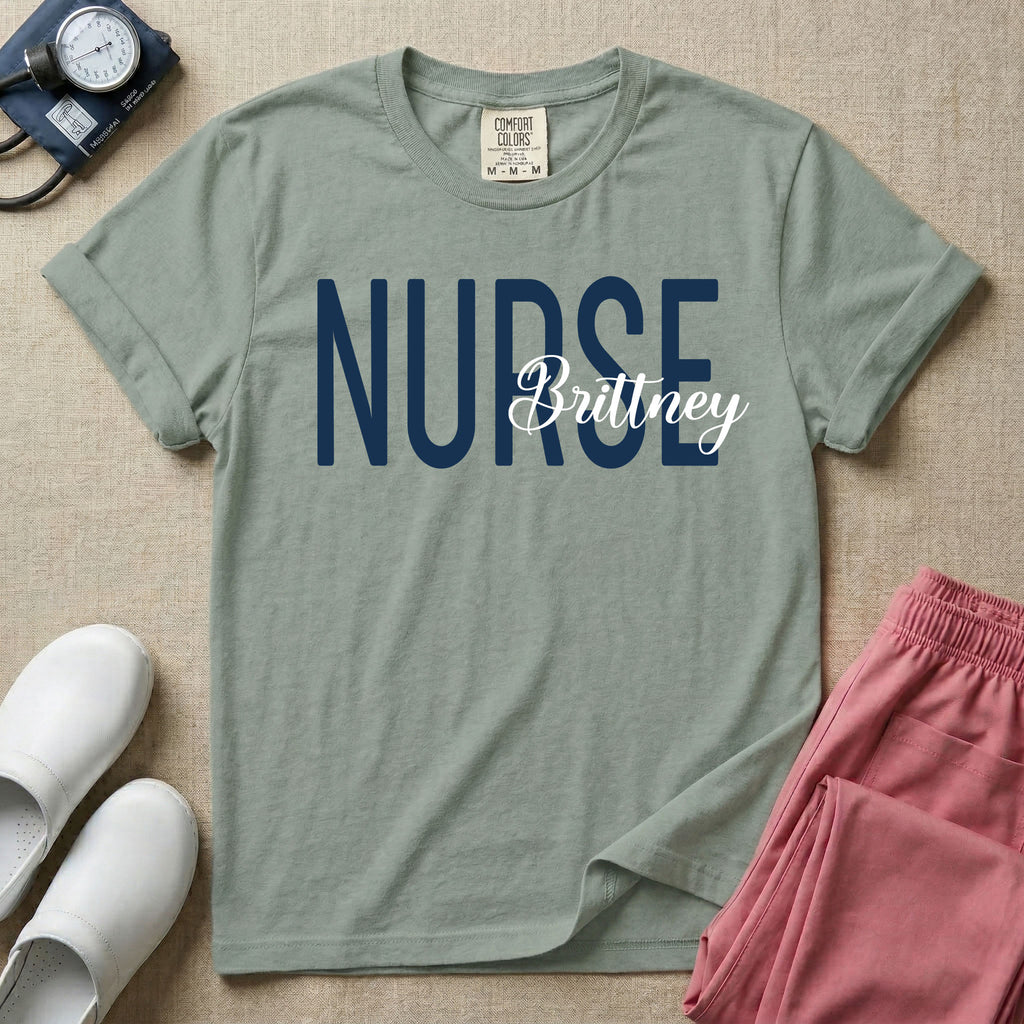 A minimalist graphic featuring the word NURSE in a large, bold font with the custom name Brittney overlapping it in an elegant cursive script, designed for general nursing.