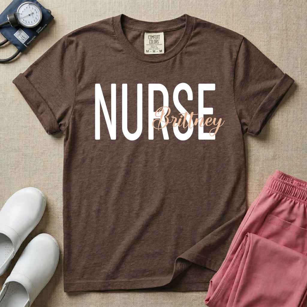 A minimalist graphic featuring the word NURSE in a large, bold font with the custom name Brittney overlapping it in an elegant cursive script, designed for general nursing.