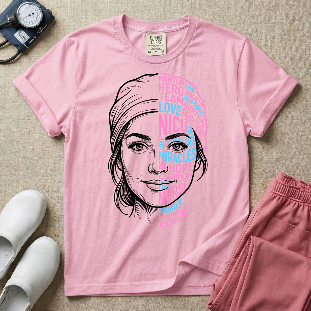 A graphic design for NICU nursing featuring a split-face portrait of a nurse wearing a scrub cap, with the left side illustrated in white line art and the right side constructed from inspirational words like NICU, HERO, MIRACLES, NURSE, and LOVE in pink and blue typography