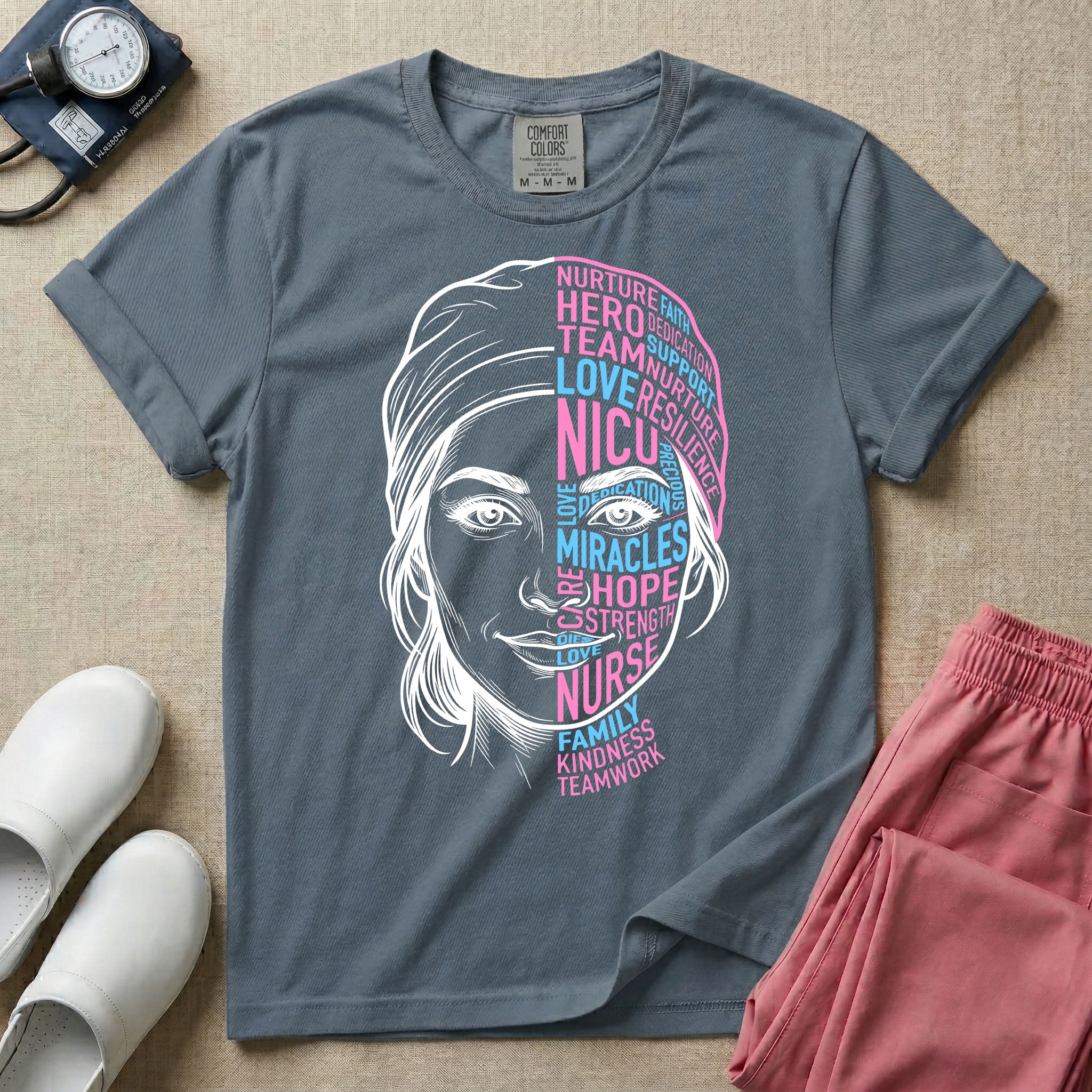 A graphic design for NICU nursing featuring a split-face portrait of a nurse wearing a scrub cap, with the left side illustrated in white line art and the right side constructed from inspirational words like NICU, HERO, MIRACLES, NURSE, and LOVE in pink and blue typography