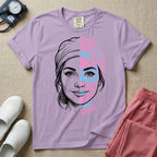 A graphic design for NICU nursing featuring a split-face portrait of a nurse wearing a scrub cap, with the left side illustrated in white line art and the right side constructed from inspirational words like NICU, HERO, MIRACLES, NURSE, and LOVE in pink and blue typography