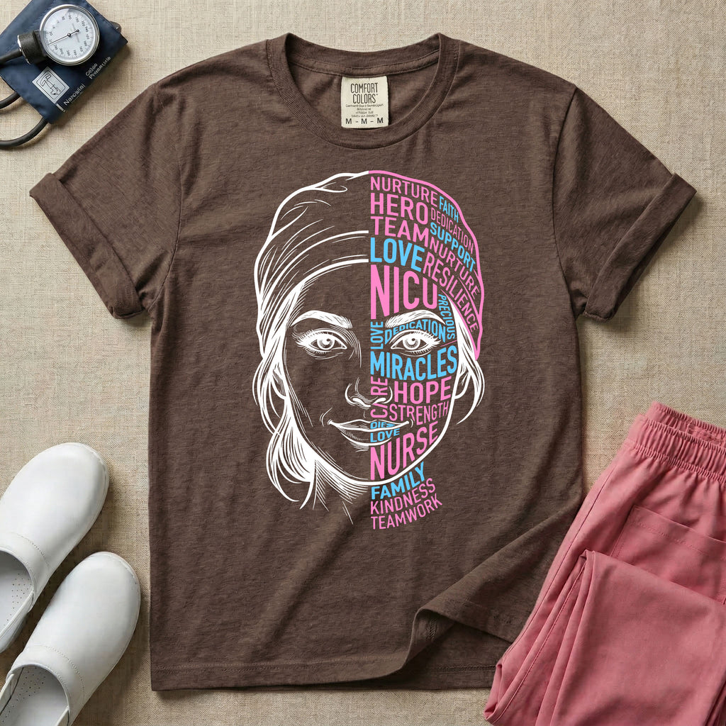 A graphic design for NICU nursing featuring a split-face portrait of a nurse wearing a scrub cap, with the left side illustrated in white line art and the right side constructed from inspirational words like NICU, HERO, MIRACLES, NURSE, and LOVE in pink and blue typography