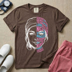 A graphic design for NICU nursing featuring a split-face portrait of a nurse wearing a scrub cap, with the left side illustrated in white line art and the right side constructed from inspirational words like NICU, HERO, MIRACLES, NURSE, and LOVE in pink and blue typography