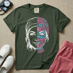 A graphic design for NICU nursing featuring a split-face portrait of a nurse wearing a scrub cap, with the left side illustrated in white line art and the right side constructed from inspirational words like NICU, HERO, MIRACLES, NURSE, and LOVE in pink and blue typography