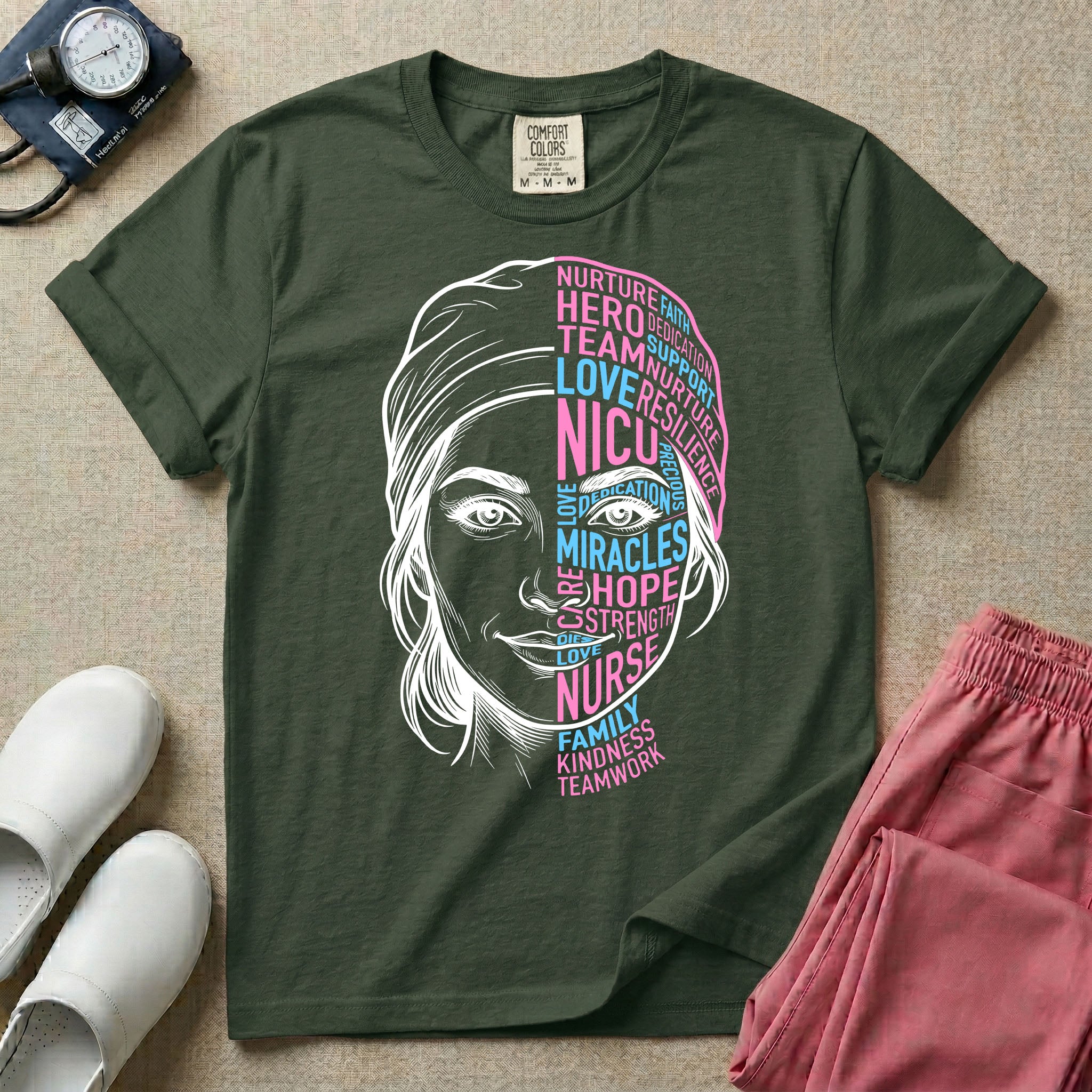 A graphic design for NICU nursing featuring a split-face portrait of a nurse wearing a scrub cap, with the left side illustrated in white line art and the right side constructed from inspirational words like NICU, HERO, MIRACLES, NURSE, and LOVE in pink and blue typography