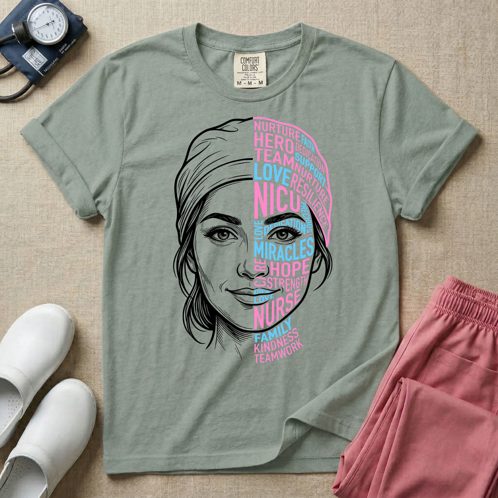 A graphic design for NICU nursing featuring a split-face portrait of a nurse wearing a scrub cap, with the left side illustrated in white line art and the right side constructed from inspirational words like NICU, HERO, MIRACLES, NURSE, and LOVE in pink and blue typography