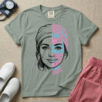 A graphic design for NICU nursing featuring a split-face portrait of a nurse wearing a scrub cap, with the left side illustrated in white line art and the right side constructed from inspirational words like NICU, HERO, MIRACLES, NURSE, and LOVE in pink and blue typography