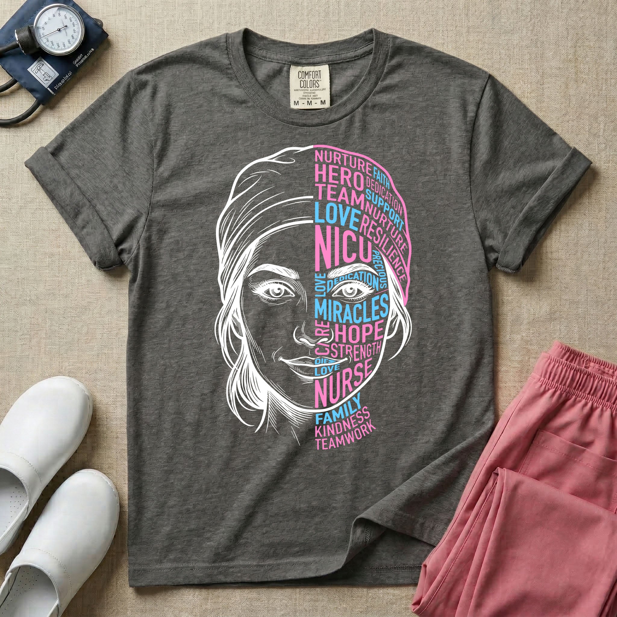 A graphic design for NICU nursing featuring a split-face portrait of a nurse wearing a scrub cap, with the left side illustrated in white line art and the right side constructed from inspirational words like NICU, HERO, MIRACLES, NURSE, and LOVE in pink and blue typography