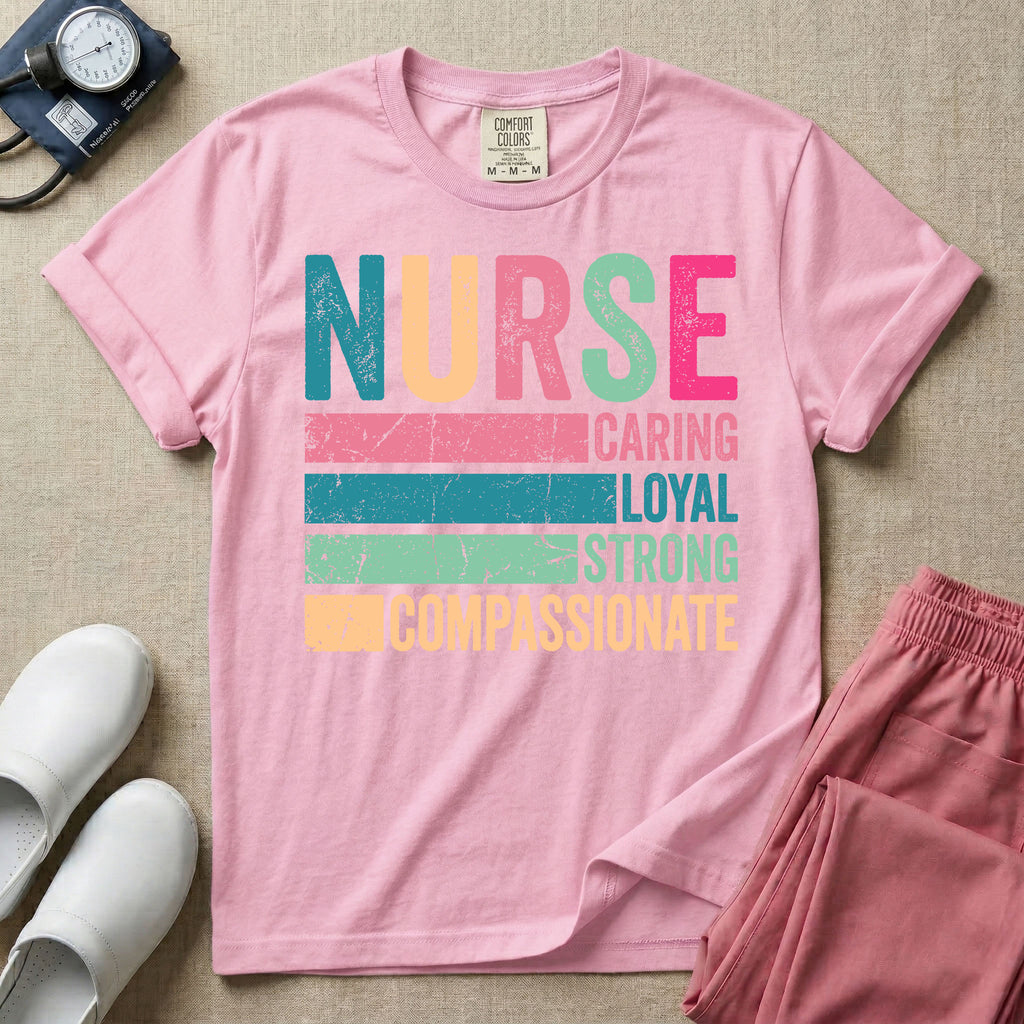 A retro graphic design for general nursing featuring the word NURSE in large, colorful distressed block letters above horizontal stripes reading CARING, LOYAL, STRONG, and COMPASSIONATE.