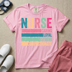 A retro graphic design for general nursing featuring the word NURSE in large, colorful distressed block letters above horizontal stripes reading CARING, LOYAL, STRONG, and COMPASSIONATE.
