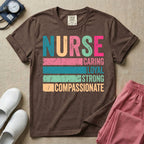 A retro graphic design for general nursing featuring the word NURSE in large, colorful distressed block letters above horizontal stripes reading CARING, LOYAL, STRONG, and COMPASSIONATE.
