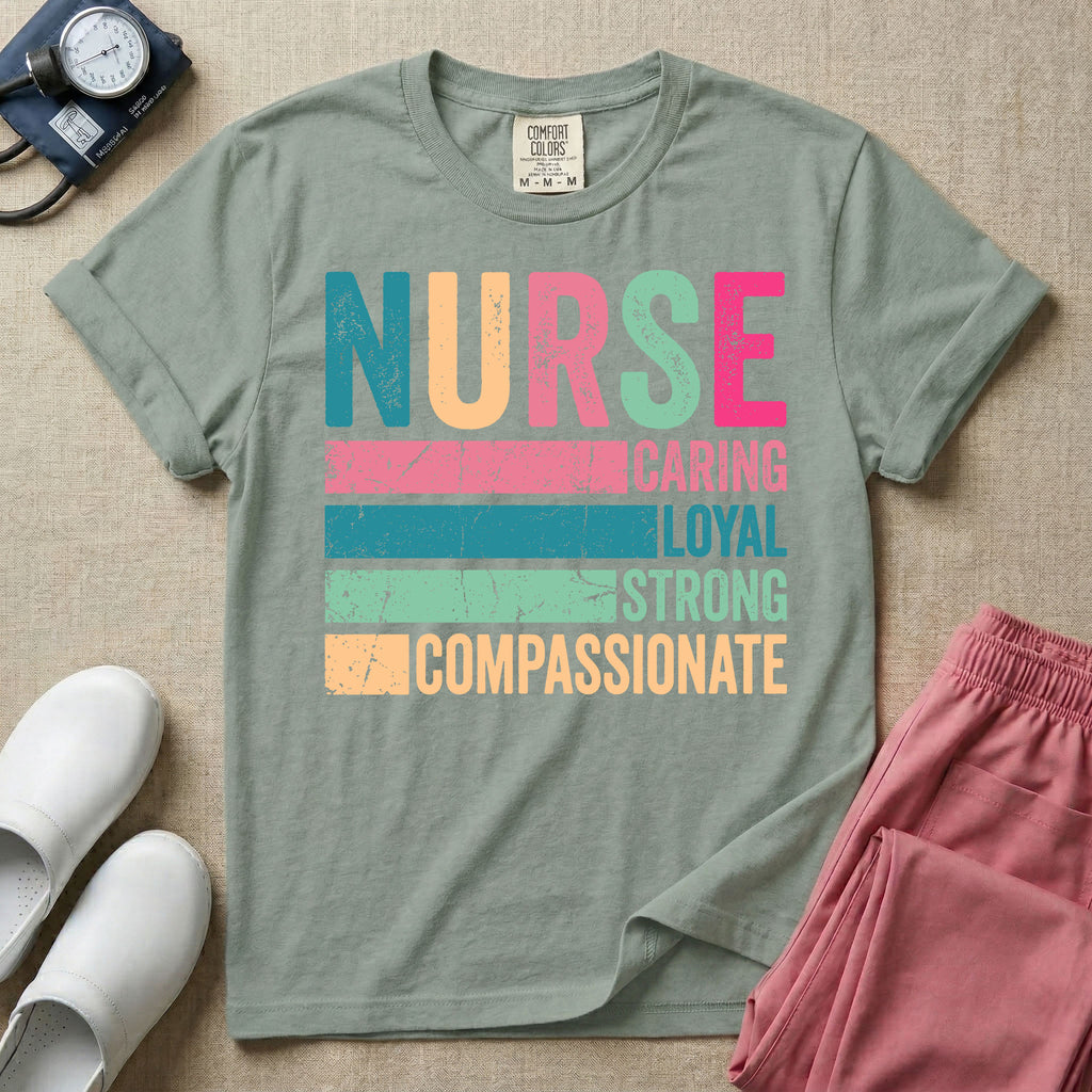 A retro graphic design for general nursing featuring the word NURSE in large, colorful distressed block letters above horizontal stripes reading CARING, LOYAL, STRONG, and COMPASSIONATE.