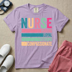 A retro graphic design for general nursing featuring the word NURSE in large, colorful distressed block letters above horizontal stripes reading CARING, LOYAL, STRONG, and COMPASSIONATE.