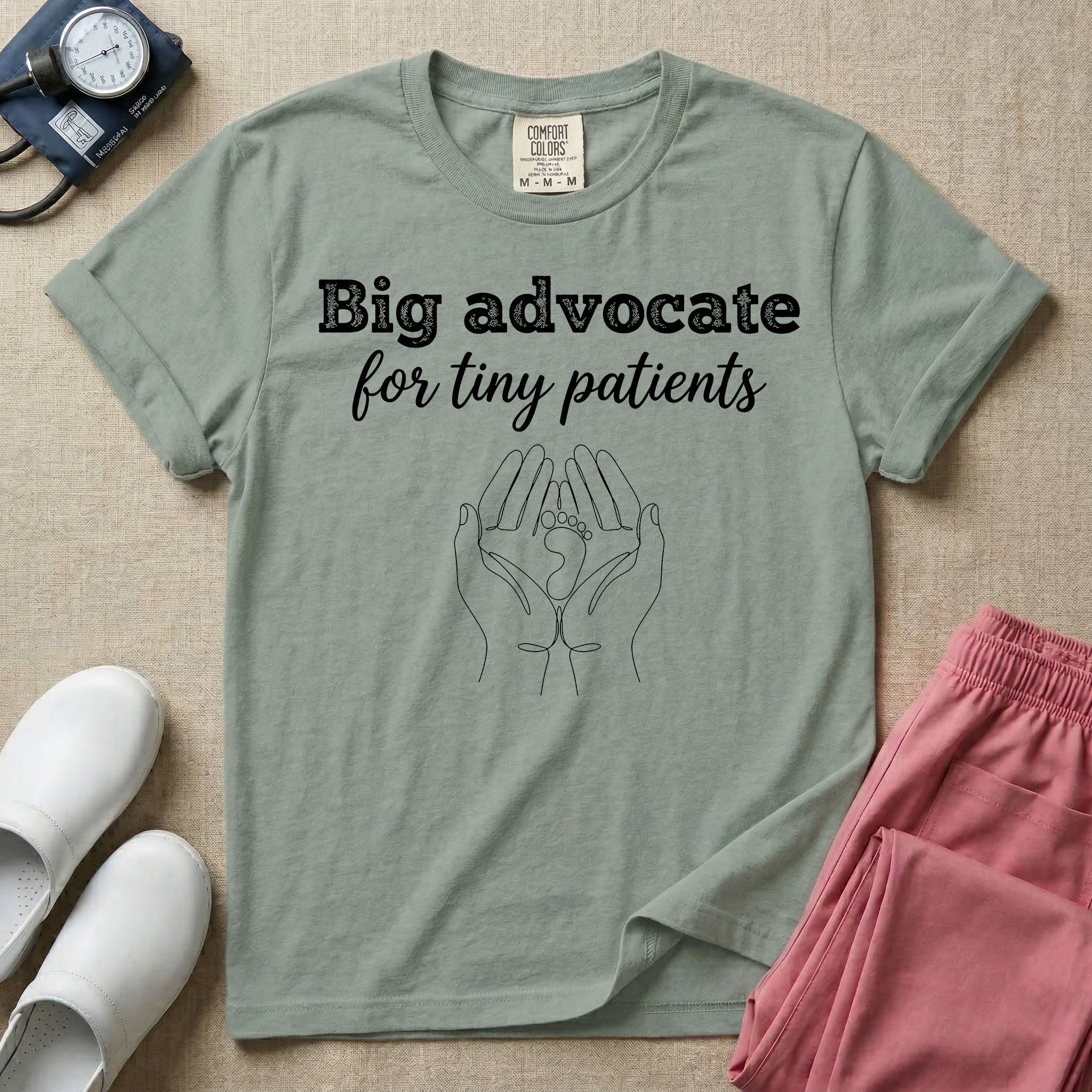 A minimalist graphic design for NICU nursing featuring the text Big advocate for tiny patients in white lettering above a continuous line art illustration of two hands gently holding a small baby footprint.