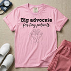 A minimalist graphic design for NICU nursing featuring the text Big advocate for tiny patients in white lettering above a continuous line art illustration of two hands gently holding a small baby footprint.
