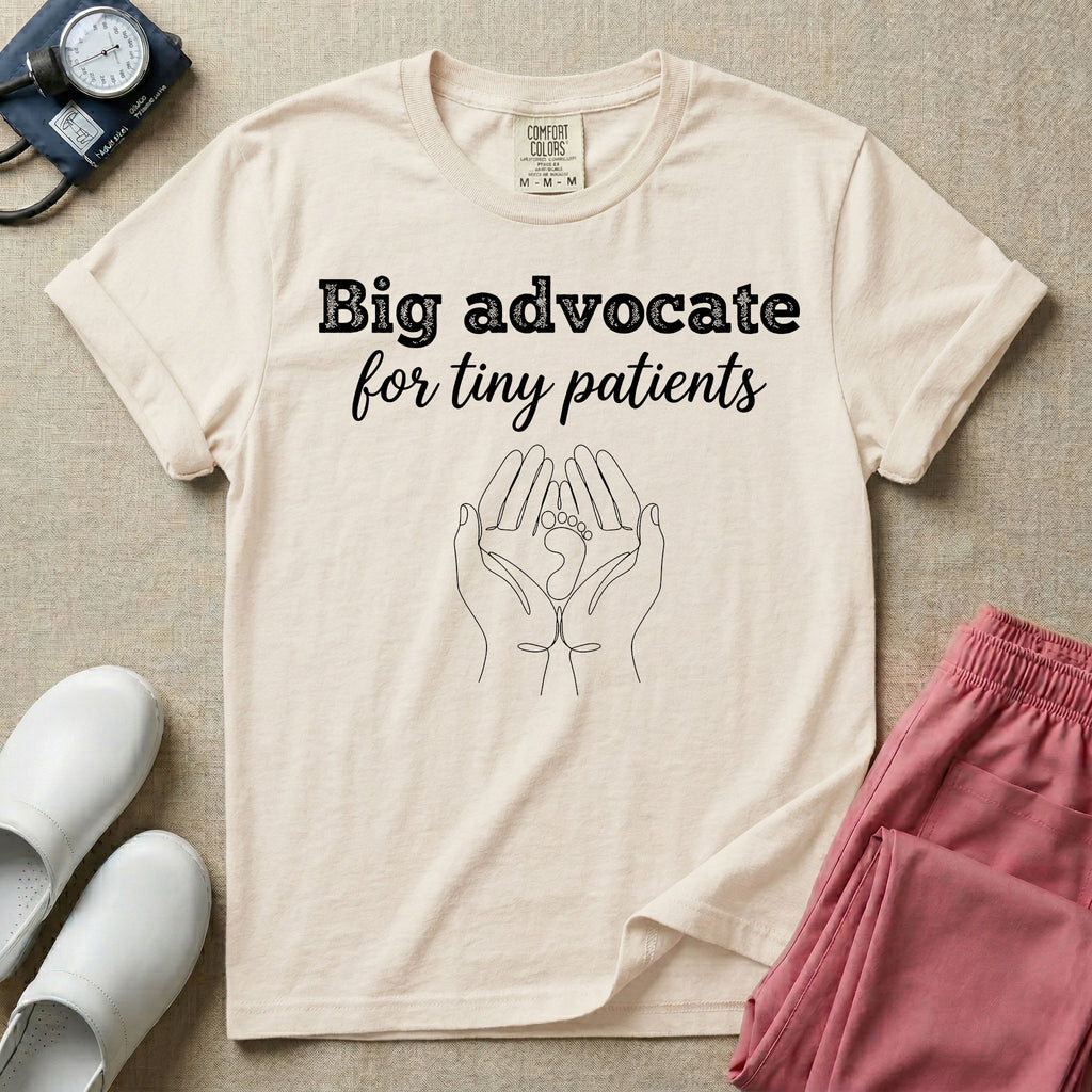A minimalist graphic design for NICU nursing featuring the text Big advocate for tiny patients in white lettering above a continuous line art illustration of two hands gently holding a small baby footprint.