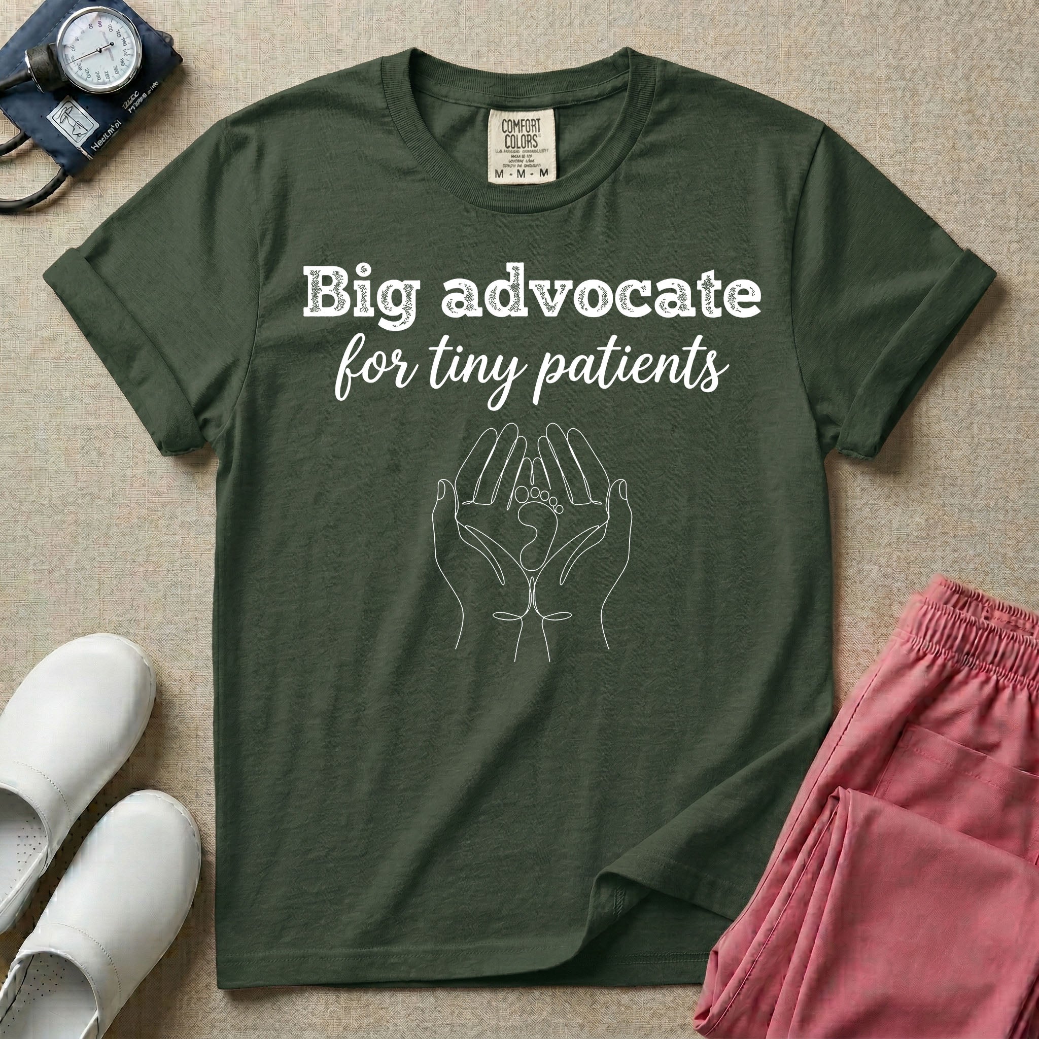 A minimalist graphic design for NICU nursing featuring the text Big advocate for tiny patients in white lettering above a continuous line art illustration of two hands gently holding a small baby footprint.