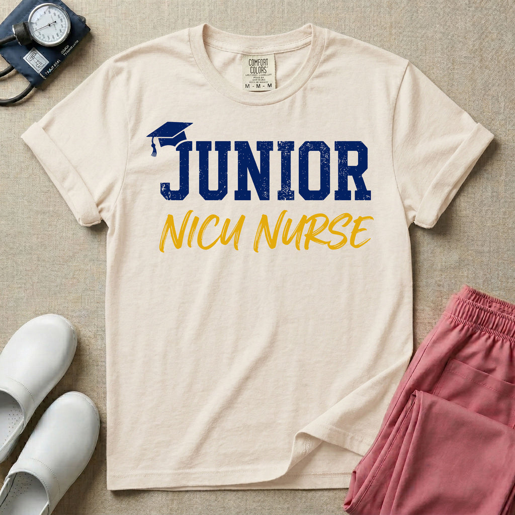 A graphic design for NICU nursing featuring a graduation cap resting on the word JUNIOR in distressed collegiate block letters, with NICU NURSE written below in a casual script.