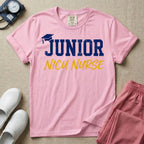 A graphic design for NICU nursing featuring a graduation cap resting on the word JUNIOR in distressed collegiate block letters, with NICU NURSE written below in a casual script.