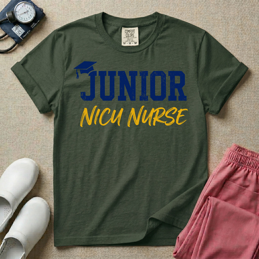 A graphic design for NICU nursing featuring a graduation cap resting on the word JUNIOR in distressed collegiate block letters, with NICU NURSE written below in a casual script.