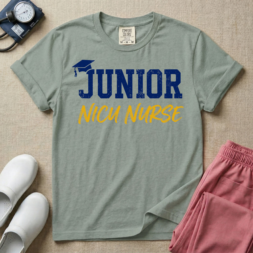 A graphic design for NICU nursing featuring a graduation cap resting on the word JUNIOR in distressed collegiate block letters, with NICU NURSE written below in a casual script.