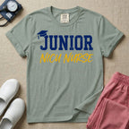 A graphic design for NICU nursing featuring a graduation cap resting on the word JUNIOR in distressed collegiate block letters, with NICU NURSE written below in a casual script.