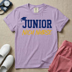 A graphic design for NICU nursing featuring a graduation cap resting on the word JUNIOR in distressed collegiate block letters, with NICU NURSE written below in a casual script.