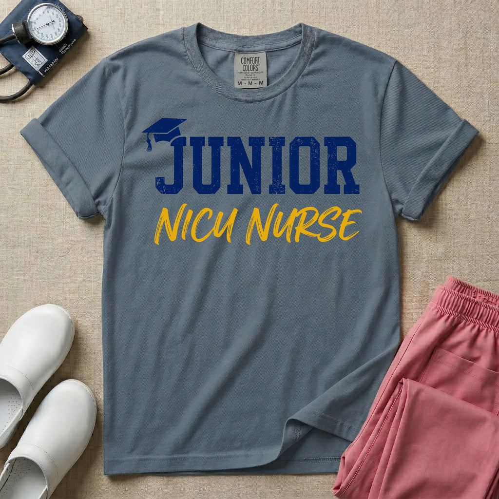 A graphic design for NICU nursing featuring a graduation cap resting on the word JUNIOR in distressed collegiate block letters, with NICU NURSE written below in a casual script.