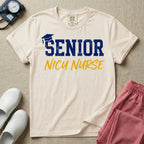 A retro graphic design for NICU nursing featuring a blue graduation cap resting on the word SENIOR in distressed collegiate block letters, with NICU NURSE written below in a yellow casual script.