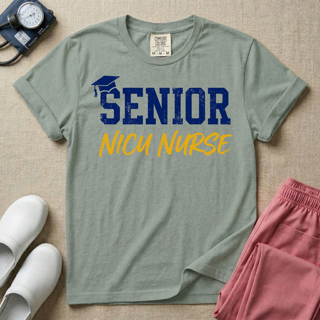 A retro graphic design for NICU nursing featuring a blue graduation cap resting on the word SENIOR in distressed collegiate block letters, with NICU NURSE written below in a yellow casual script.