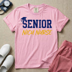 A retro graphic design for NICU nursing featuring a blue graduation cap resting on the word SENIOR in distressed collegiate block letters, with NICU NURSE written below in a yellow casual script.