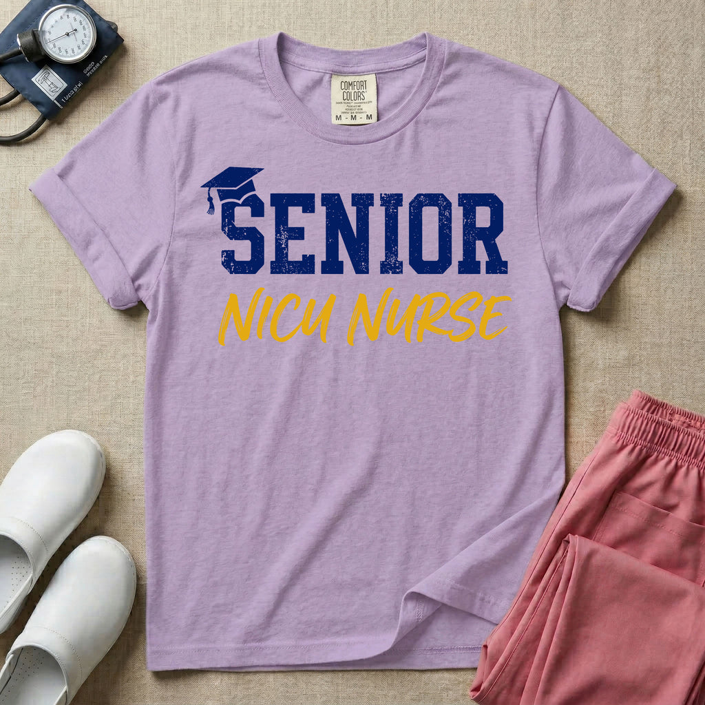 A retro graphic design for NICU nursing featuring a blue graduation cap resting on the word SENIOR in distressed collegiate block letters, with NICU NURSE written below in a yellow casual script.