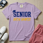 A retro graphic design for NICU nursing featuring a blue graduation cap resting on the word SENIOR in distressed collegiate block letters, with NICU NURSE written below in a yellow casual script.