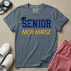 A retro graphic design for NICU nursing featuring a blue graduation cap resting on the word SENIOR in distressed collegiate block letters, with NICU NURSE written below in a yellow casual script.