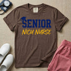 A retro graphic design for NICU nursing featuring a blue graduation cap resting on the word SENIOR in distressed collegiate block letters, with NICU NURSE written below in a yellow casual script.