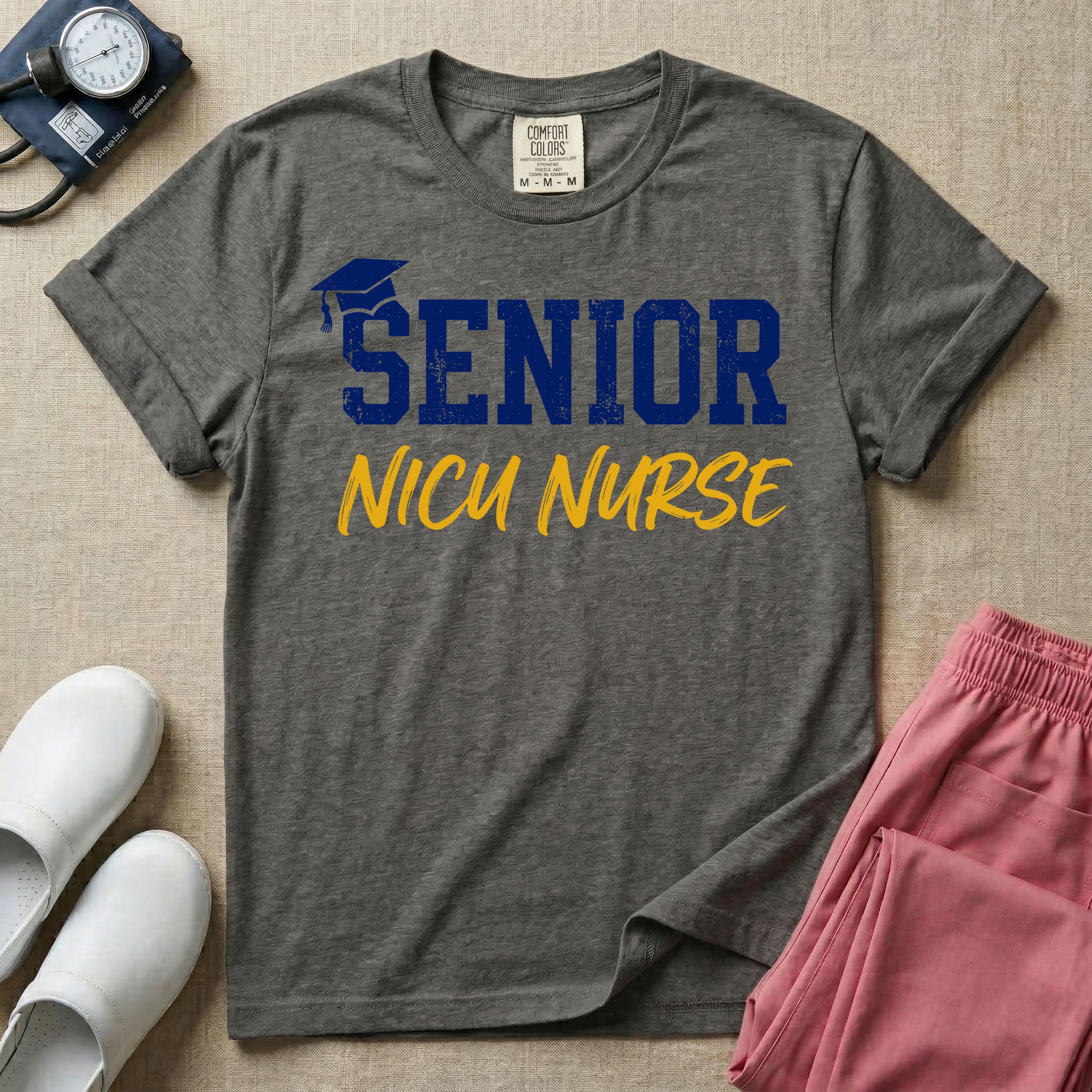A retro graphic design for NICU nursing featuring a blue graduation cap resting on the word SENIOR in distressed collegiate block letters, with NICU NURSE written below in a yellow casual script.
