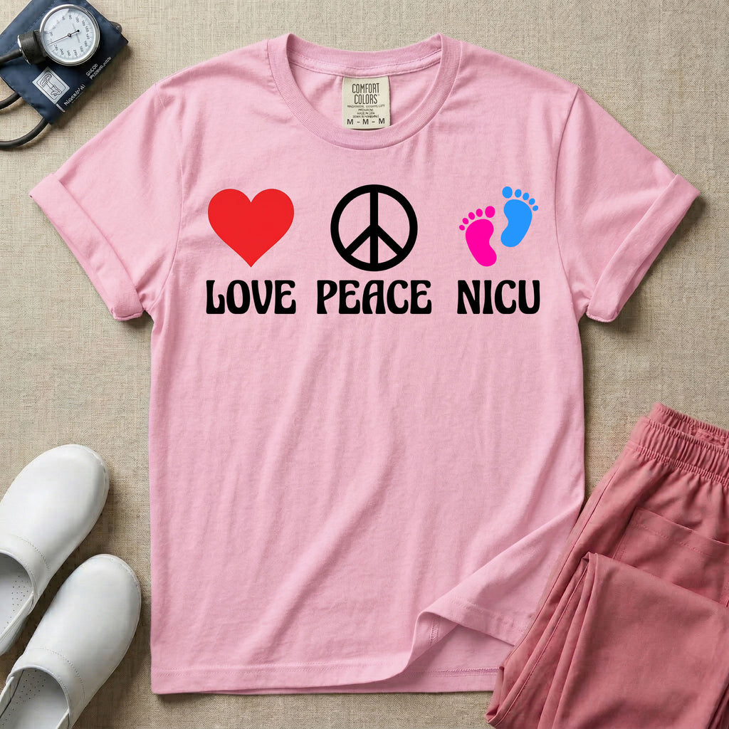 A retro graphic design for NICU nursing featuring a red heart, a white peace sign, and a pair of pink and blue baby footprints, positioned above the words LOVE PEACE NICU in a white groovy font.
