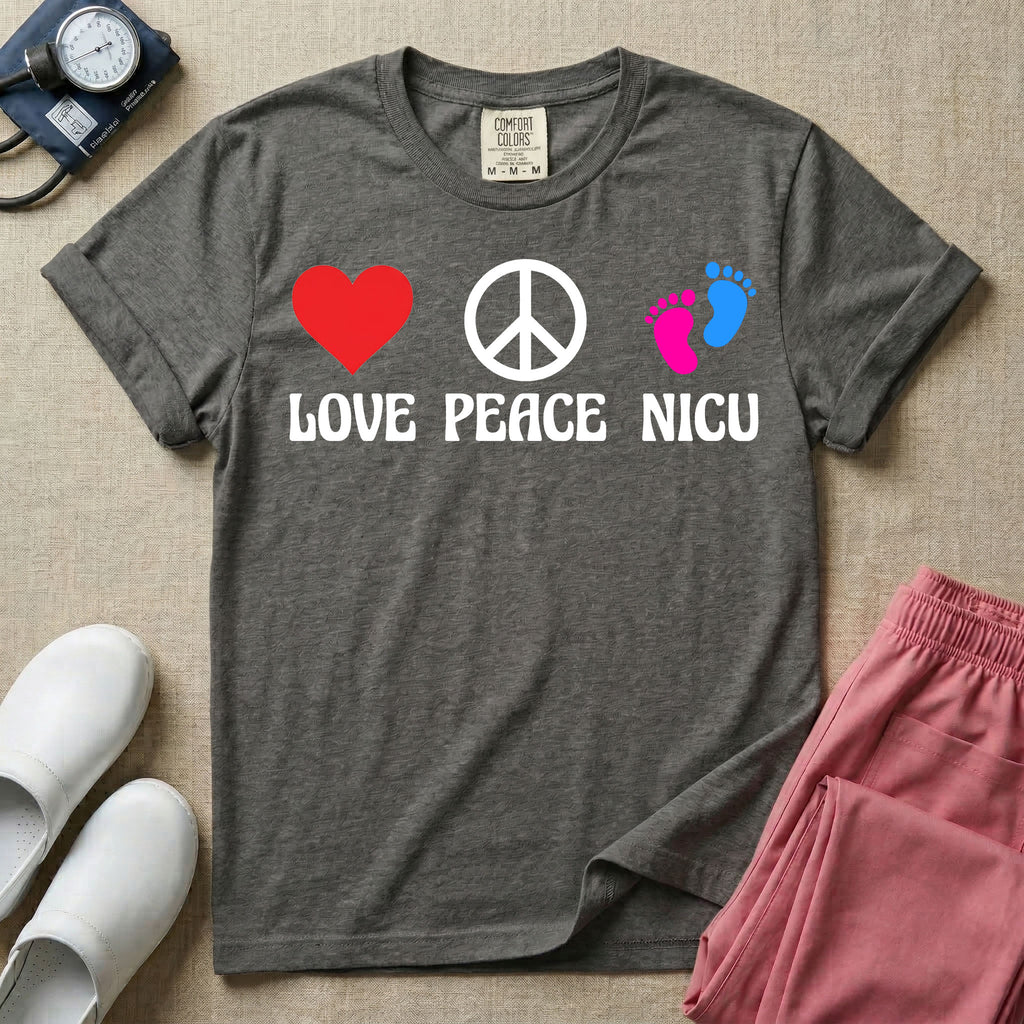 A retro graphic design for NICU nursing featuring a red heart, a white peace sign, and a pair of pink and blue baby footprints, positioned above the words LOVE PEACE NICU in a white groovy font.