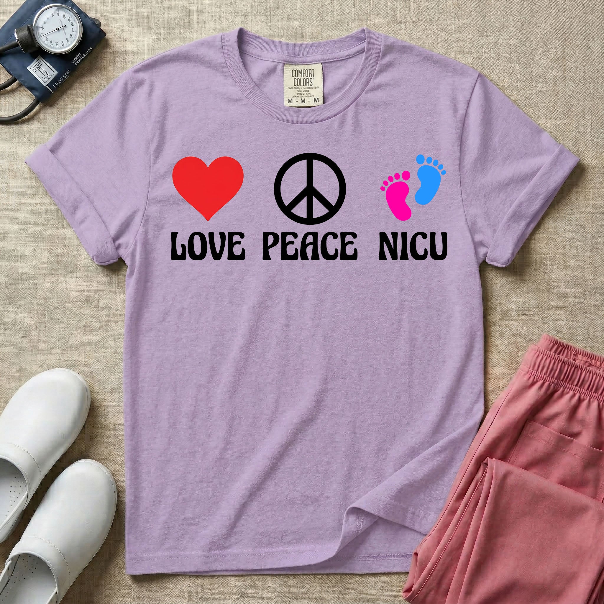 A retro graphic design for NICU nursing featuring a red heart, a white peace sign, and a pair of pink and blue baby footprints, positioned above the words LOVE PEACE NICU in a white groovy font.