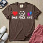 A retro graphic design for NICU nursing featuring a red heart, a white peace sign, and a pair of pink and blue baby footprints, positioned above the words LOVE PEACE NICU in a white groovy font.
