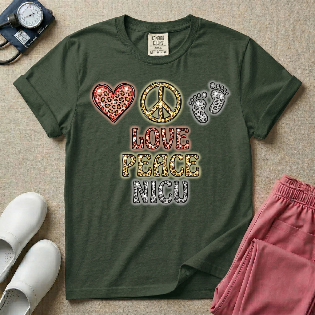 A graphic design for NICU nursing featuring a glittery leopard print heart, peace sign, and baby footprints aligned horizontally above the stacked words LOVE PEACE NICU in matching textured animal print lettering.