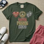 A graphic design for NICU nursing featuring a glittery leopard print heart, peace sign, and baby footprints aligned horizontally above the stacked words LOVE PEACE NICU in matching textured animal print lettering.