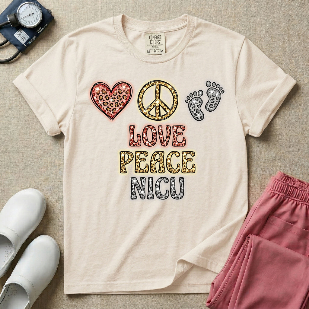 A graphic design for NICU nursing featuring a glittery leopard print heart, peace sign, and baby footprints aligned horizontally above the stacked words LOVE PEACE NICU in matching textured animal print lettering.