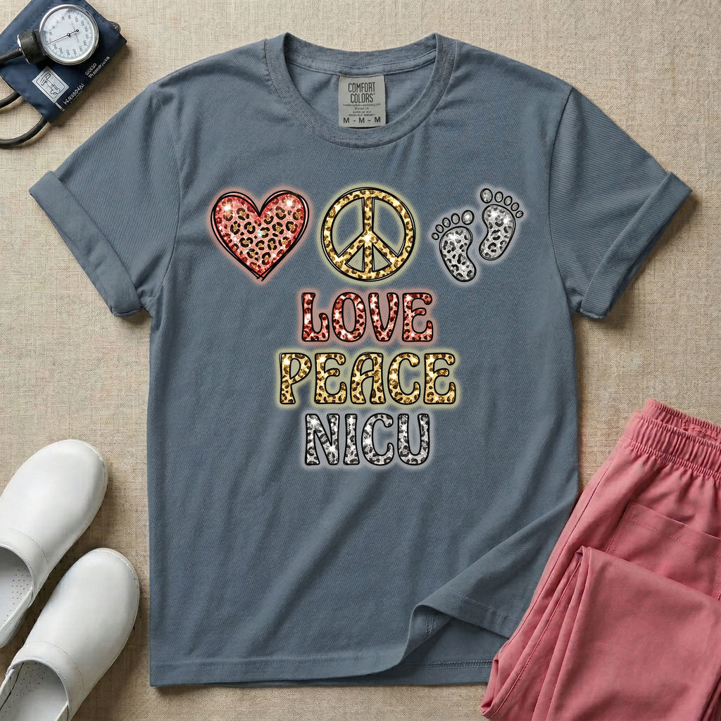 A graphic design for NICU nursing featuring a glittery leopard print heart, peace sign, and baby footprints aligned horizontally above the stacked words LOVE PEACE NICU in matching textured animal print lettering.